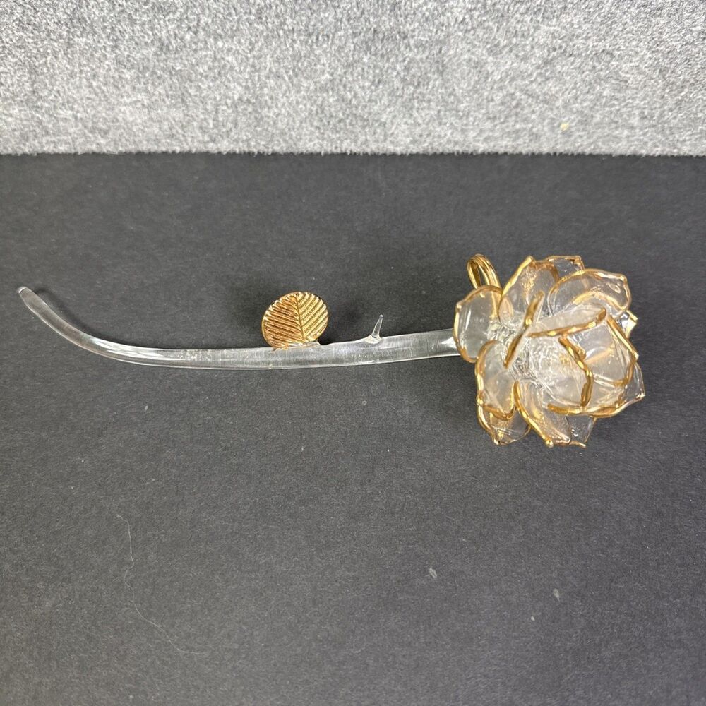 Vintage Art Glass Rose Hand Blown Style 8” Long Stem Clear Gold